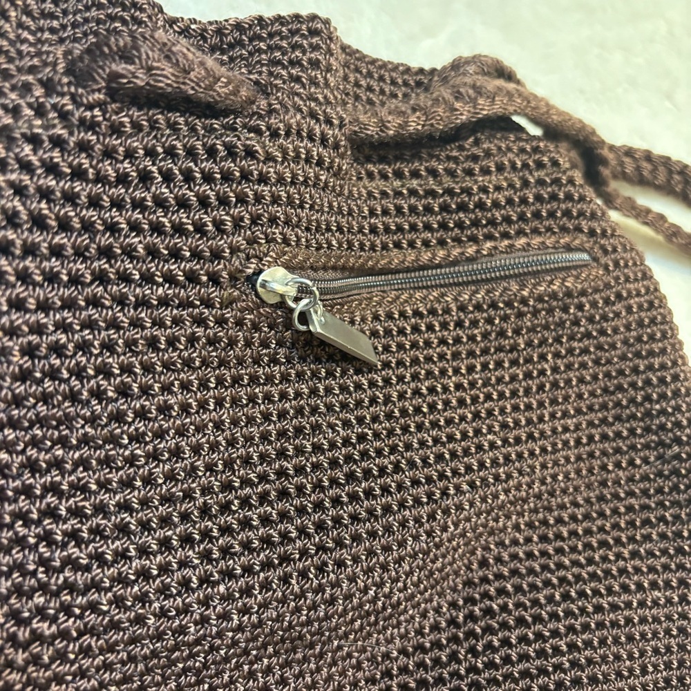 The Sak OMG Mini Backpack Chocolate Brown Crochet Knit Drawstring Pockets Boho - Picture 4 of 16